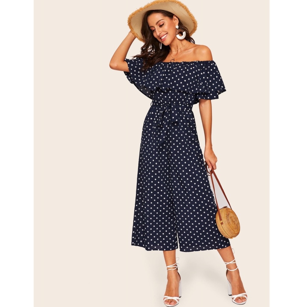 Polka Dot Off-Shoulder Wide-Leg Jumpsuit - Navy